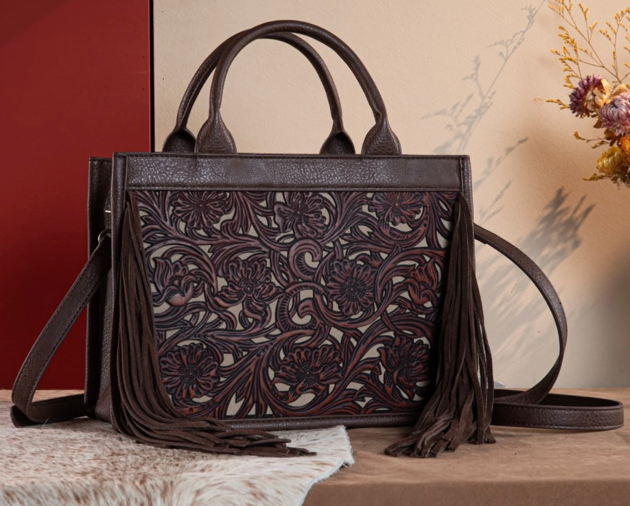 Coffee & cream tooled fringe purse by Trinity Ranch