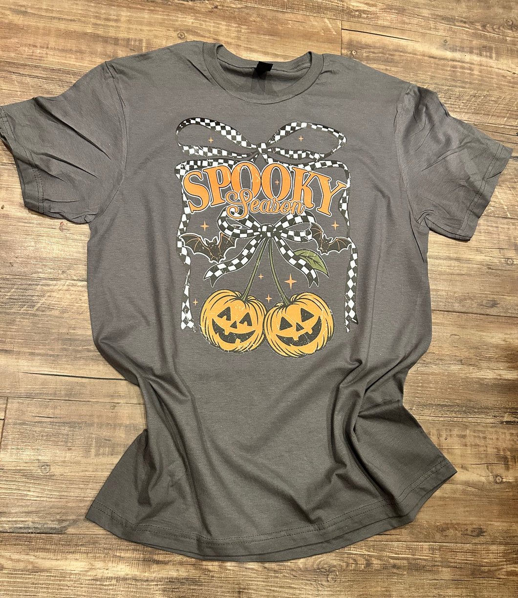 Dark grey spooky checkered Halloween cherry t-shirt