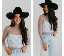 Load image into Gallery viewer, Grey lace floral mesh long sleeve top
