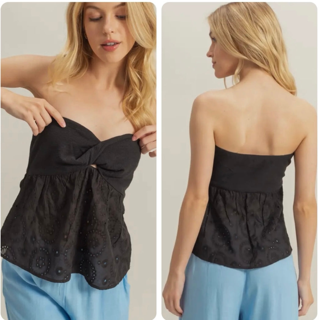 Black eyelet strapless top