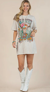 Oatmeal Wild West steerhead & butterfly western t-shirt dress
