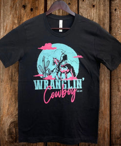 Black with teal & hot pink Wranglin Cowboy t-shirt