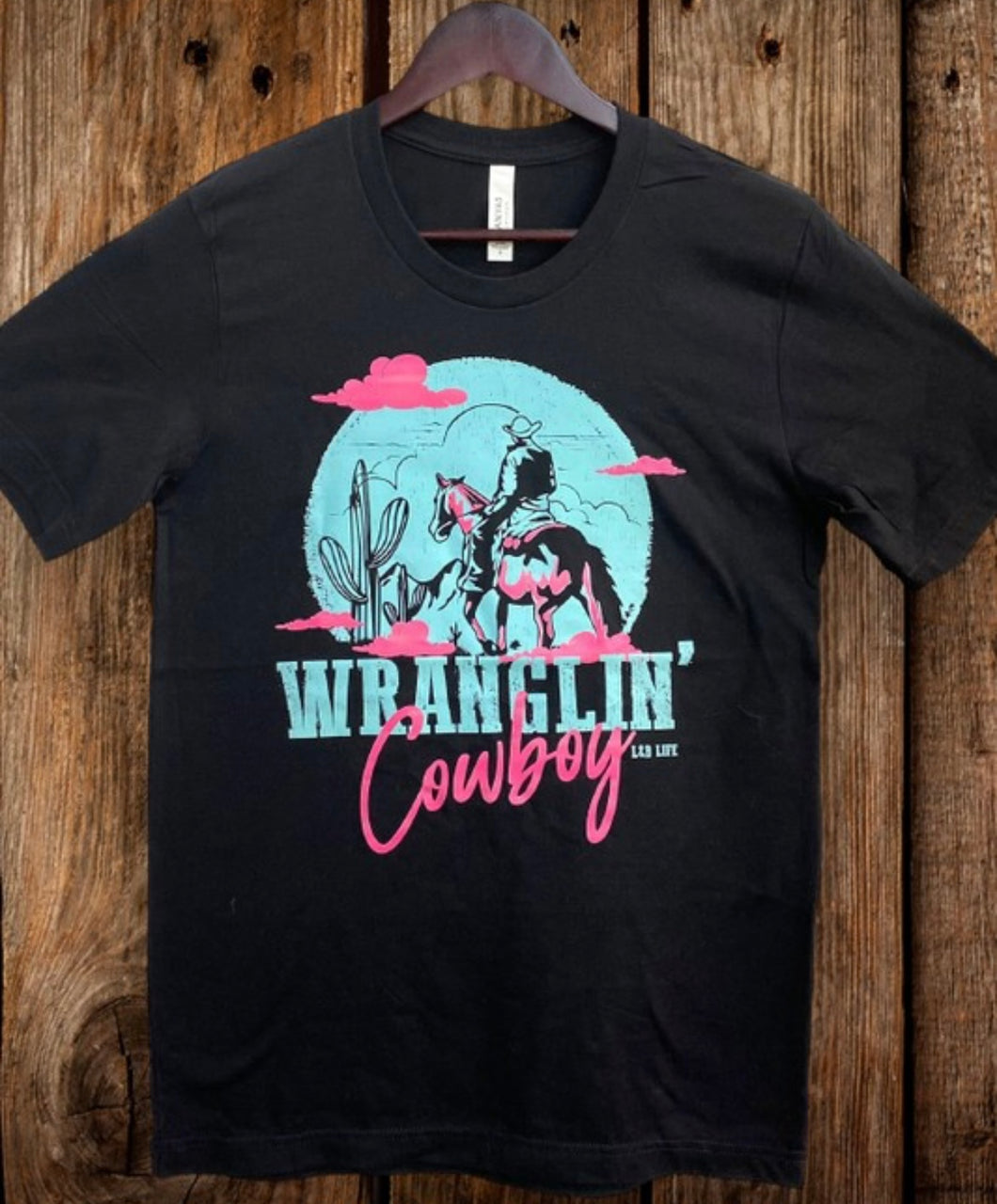 Black with teal & hot pink Wranglin Cowboy t-shirt