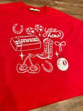 Load image into Gallery viewer, Red &amp; white yeehaw eight ball cowgirl western collage short sleeve t-shirt
