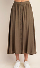 Load image into Gallery viewer, Army Green linen flowy maxi skirt with button accent
