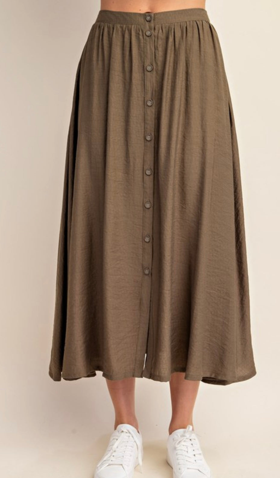 Army Green linen flowy maxi skirt with button accent