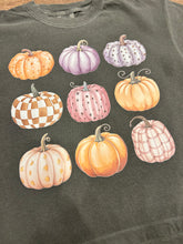 Load image into Gallery viewer, 9 pumpkin collage plum &amp; mocha checkered fall t-shirt
