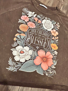 Chocolate brown acid wash pin”Her children call her blessed” floral t-shirt