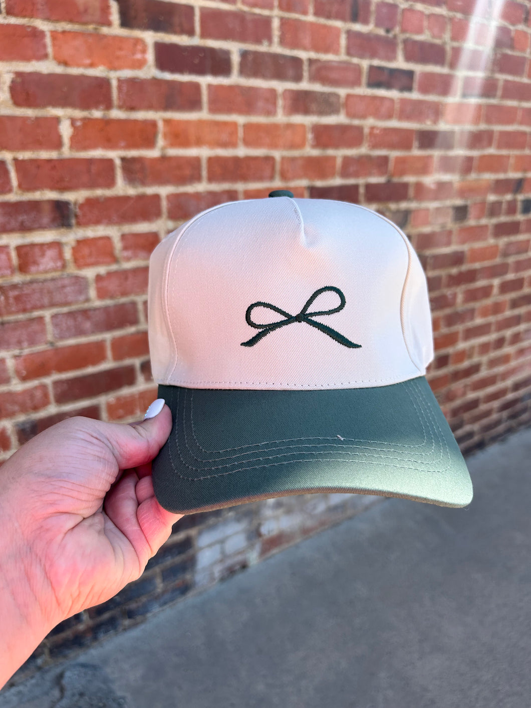 Ivory & Olive Green Bow embroidered hat