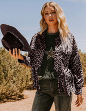 Load image into Gallery viewer, Grey &amp; black leopard suede fringe jacket

