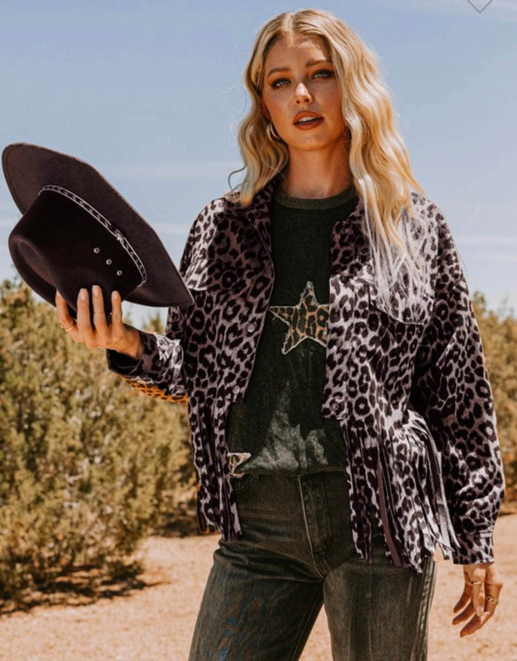 Grey & black leopard suede fringe jacket