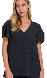 Black v neck ruffle sleeve top