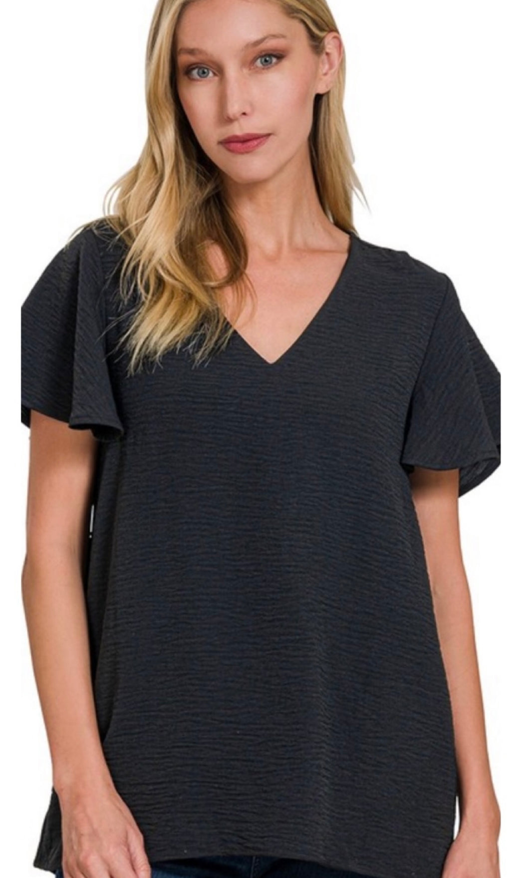 Black v neck ruffle sleeve top