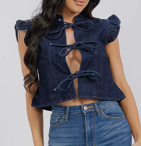 Dark denim vest with ruffle edge & triple bow accent