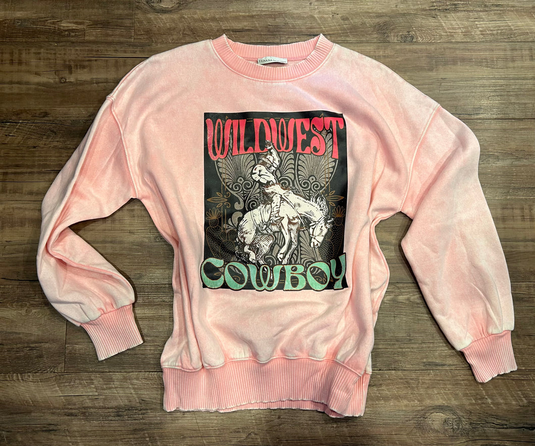 Baby pink acid wash Wild West cowboy crewneck