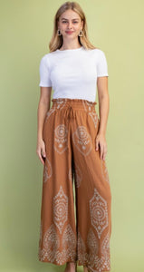 Saddle Brown & mocha embroidered medallion palazzo pants