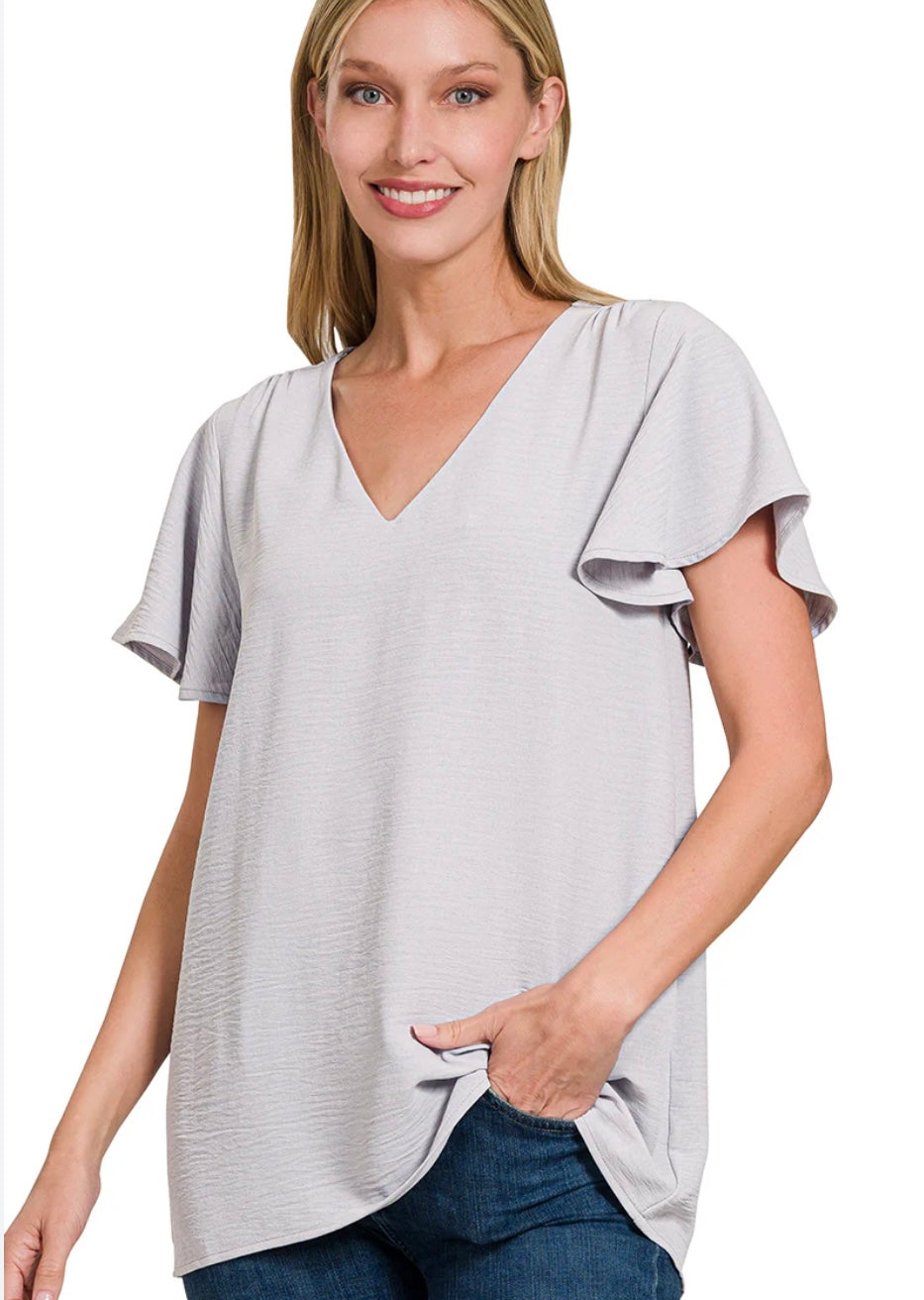 Light grey flutter short sleeve top