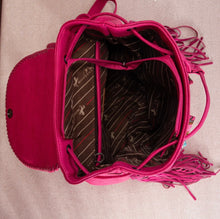 Load image into Gallery viewer, Hot pink floral embroidered backpack with fringe by Montana west
