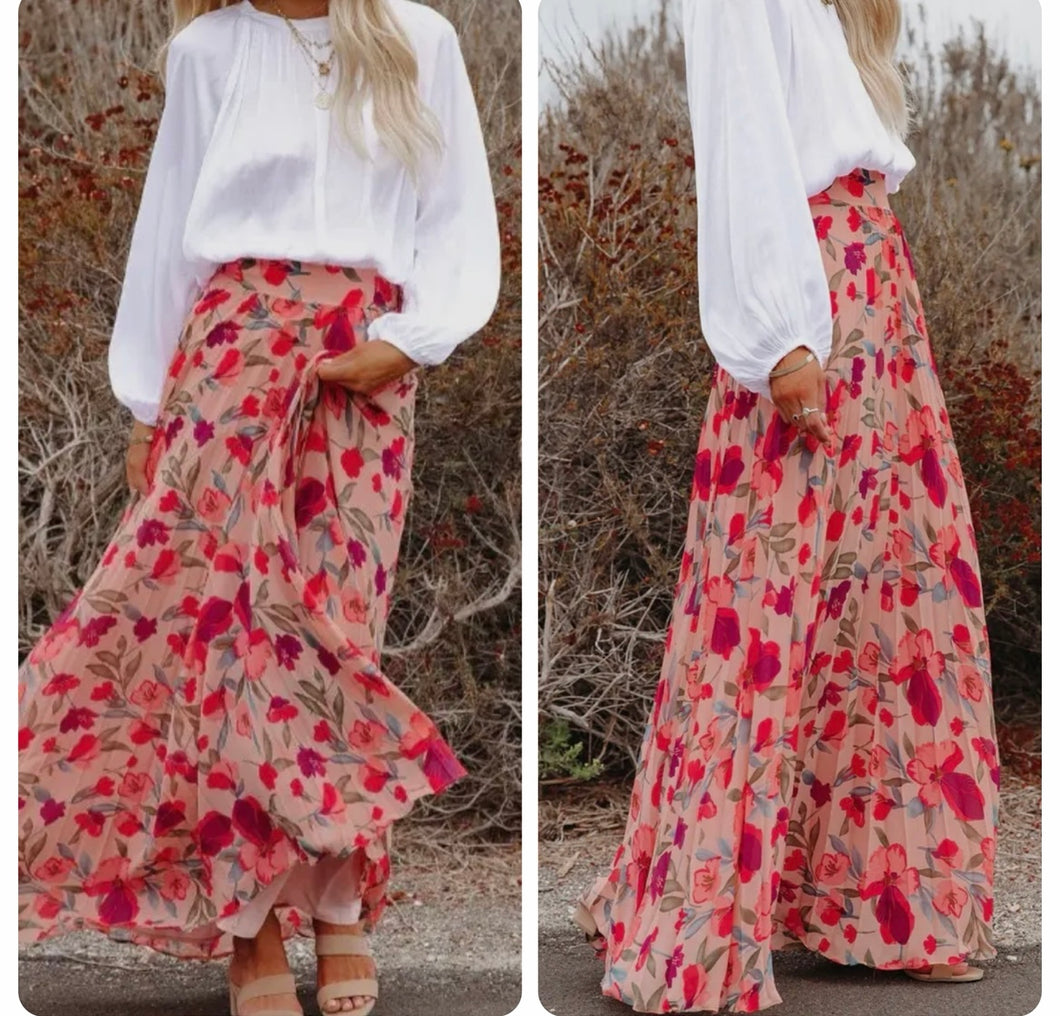 Pink, Hot pink & green multi floral maxi skirt