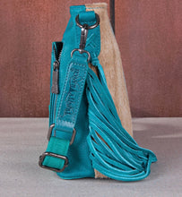 Load image into Gallery viewer, Teal cowhide fringe crossbody Trinity Ranch
