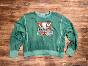 Jade acid wash tattered edge steerhead crewneck