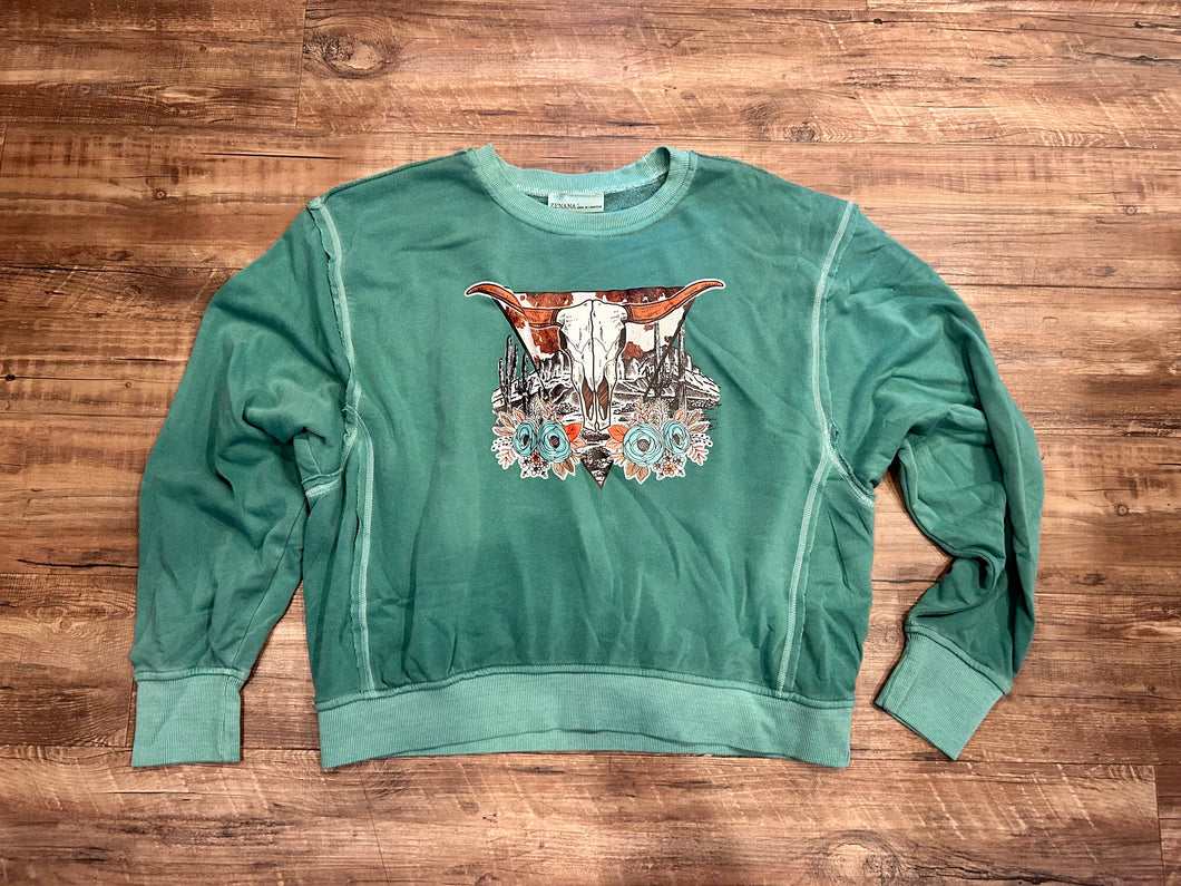 Jade acid wash tattered edge steerhead crewneck
