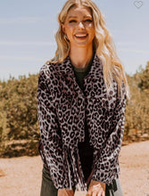 Load image into Gallery viewer, Grey &amp; black leopard suede fringe jacket
