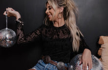 Load image into Gallery viewer, Black howdy mesh long sleeve top with velvet overlay
