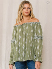Load image into Gallery viewer, Olive green &amp; ivory Aztec long sleeve top

