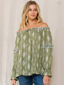 Olive green & ivory Aztec long sleeve top