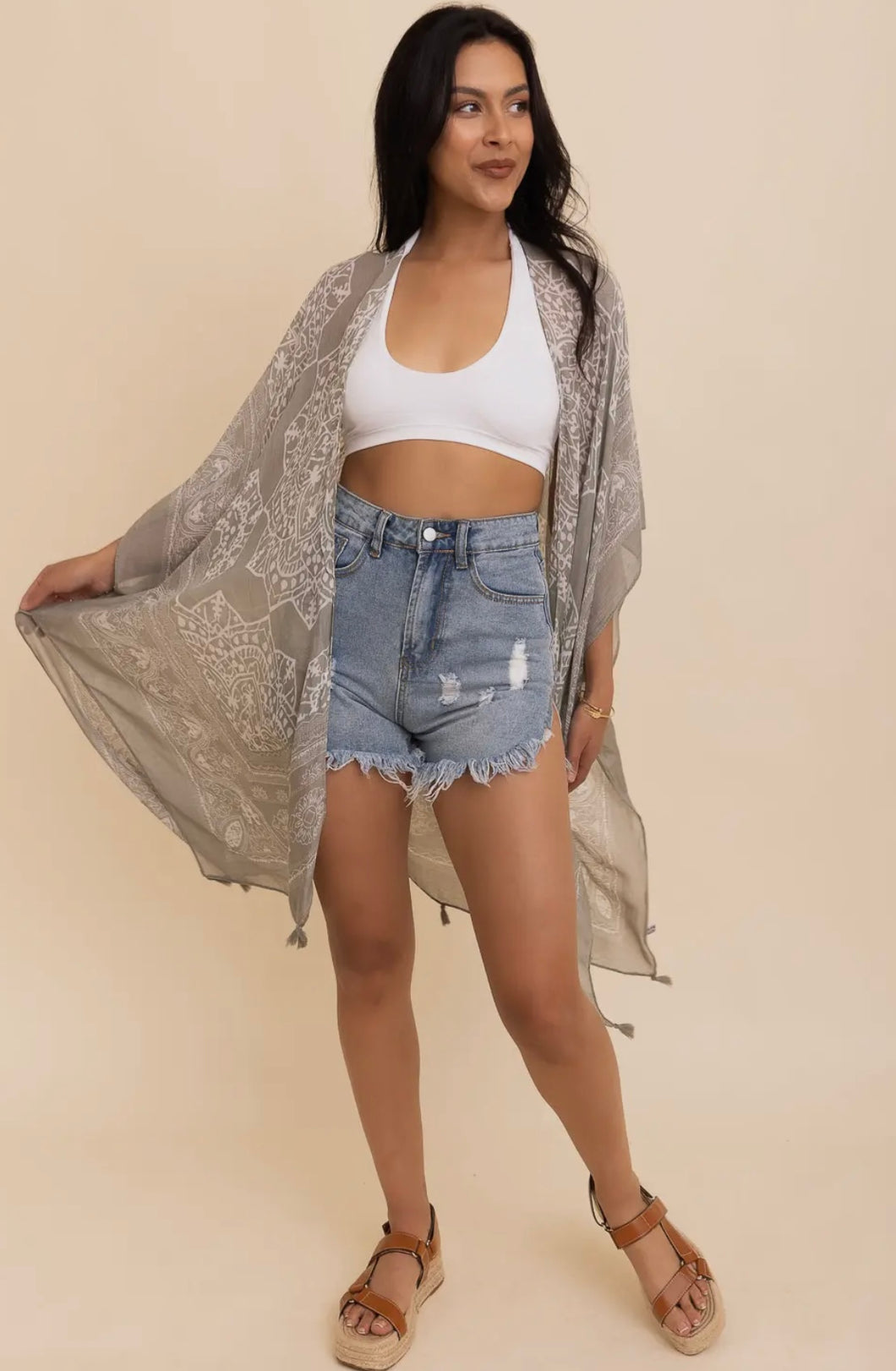 Sage green & ivory medallion kimono with tassel accent