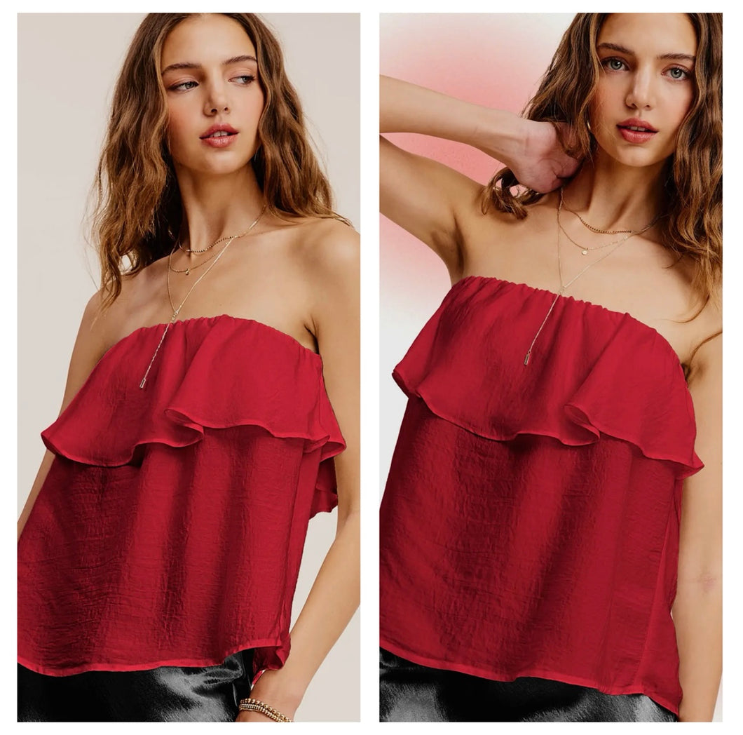 Dark red satin strapless top