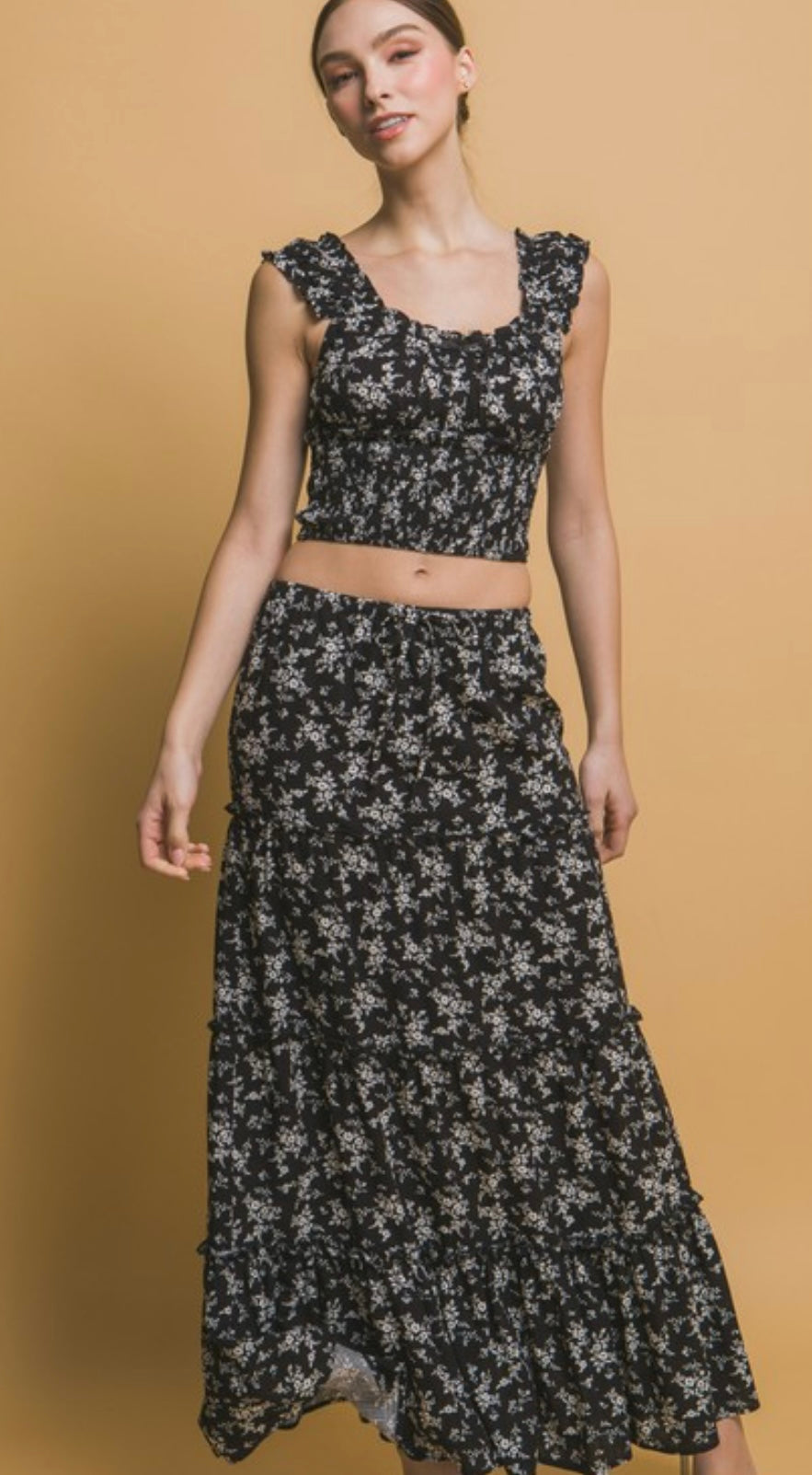 Black and white ditzy floral maxi skirt
