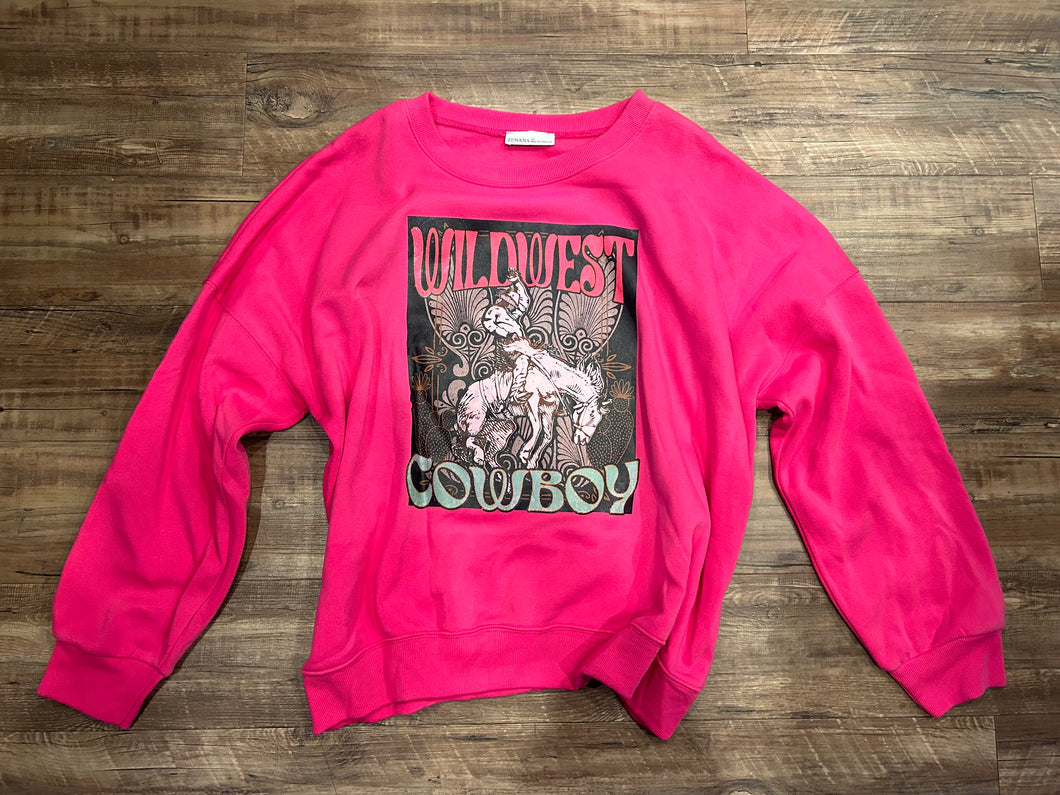 Hot pink “Wild West cowboy” bucking horse crewneck
