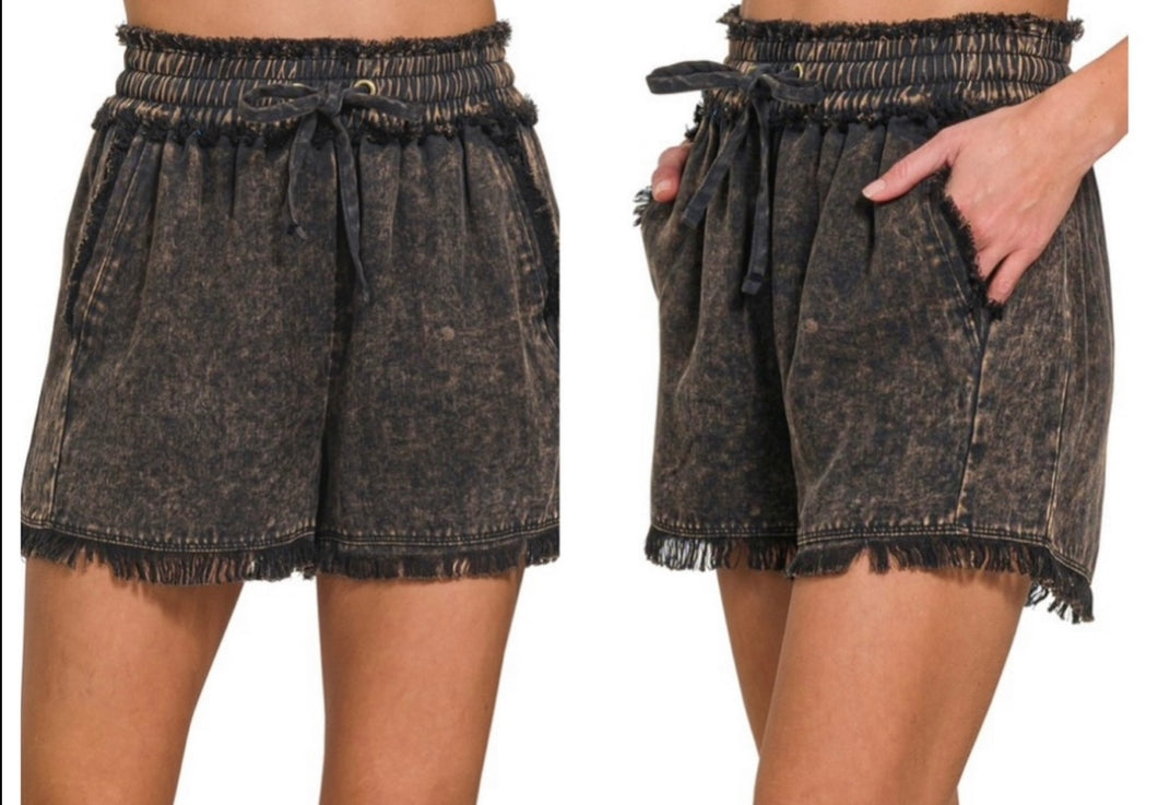 Black acid wash tencel denim tattered shorts