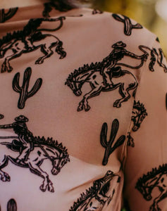 Saddle brown with black bucking horse & cactus mesh long sleeve top