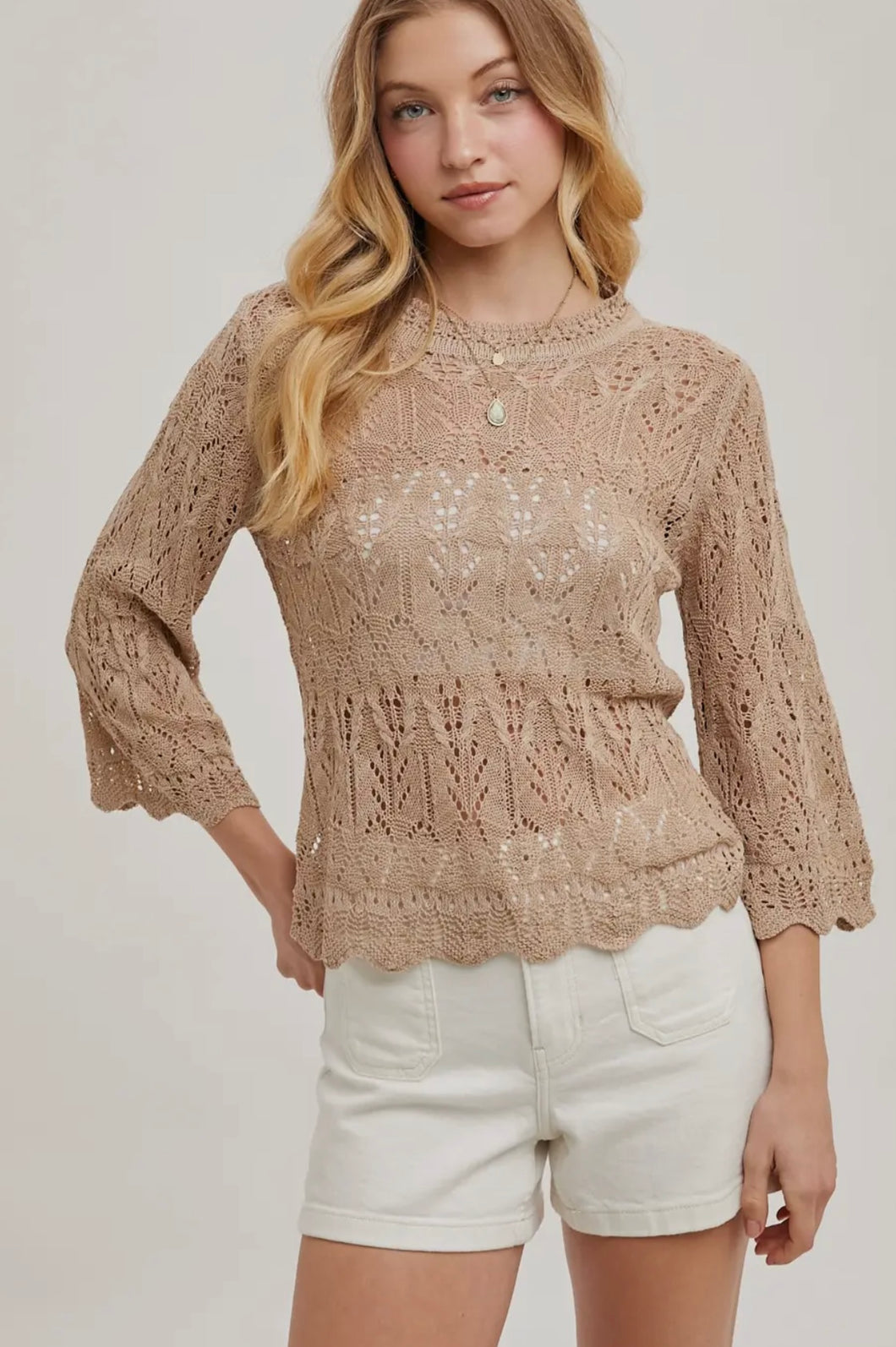 Mocha knit sweater top 3/4 sleeve