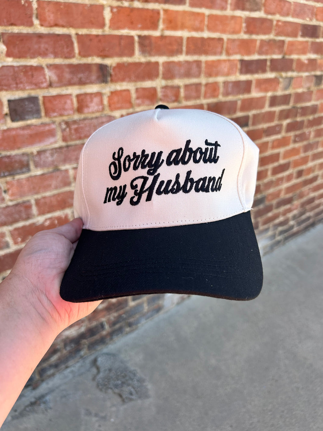 Ivory & Black Sorry about my husband embroidered hat