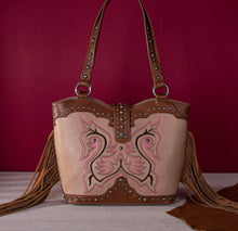Load image into Gallery viewer, Tan, pink &amp; saddle brown boot stitch embroidered fringe purse by Montana west
