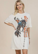 Load image into Gallery viewer, Cream Giddy Up Rust &amp; Teal bucking horse t-shirt dress
