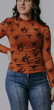 Load image into Gallery viewer, Rust with black velvet overlay mesh long sleeve top
