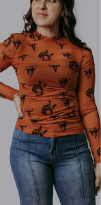 Rust with black velvet overlay mesh long sleeve top