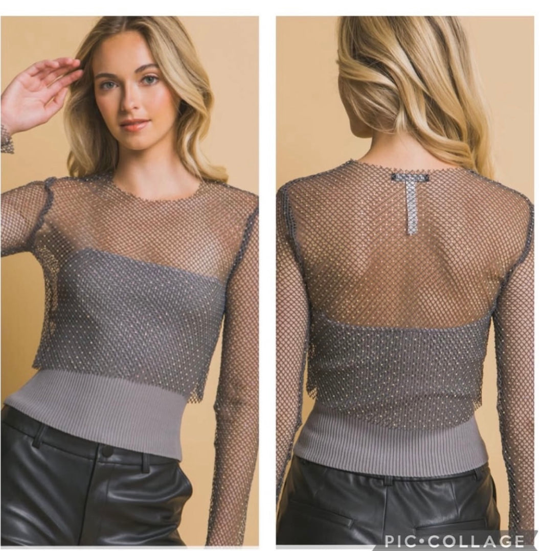 Grey Rhinestone bling mesh crop top