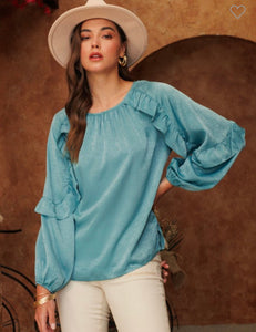Mineral Blue satin long sleeve top