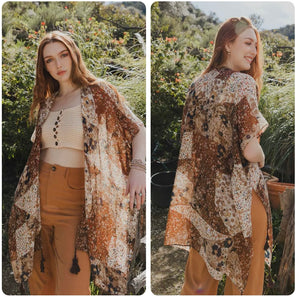 Mocha & black fall floral kimono with tassels
