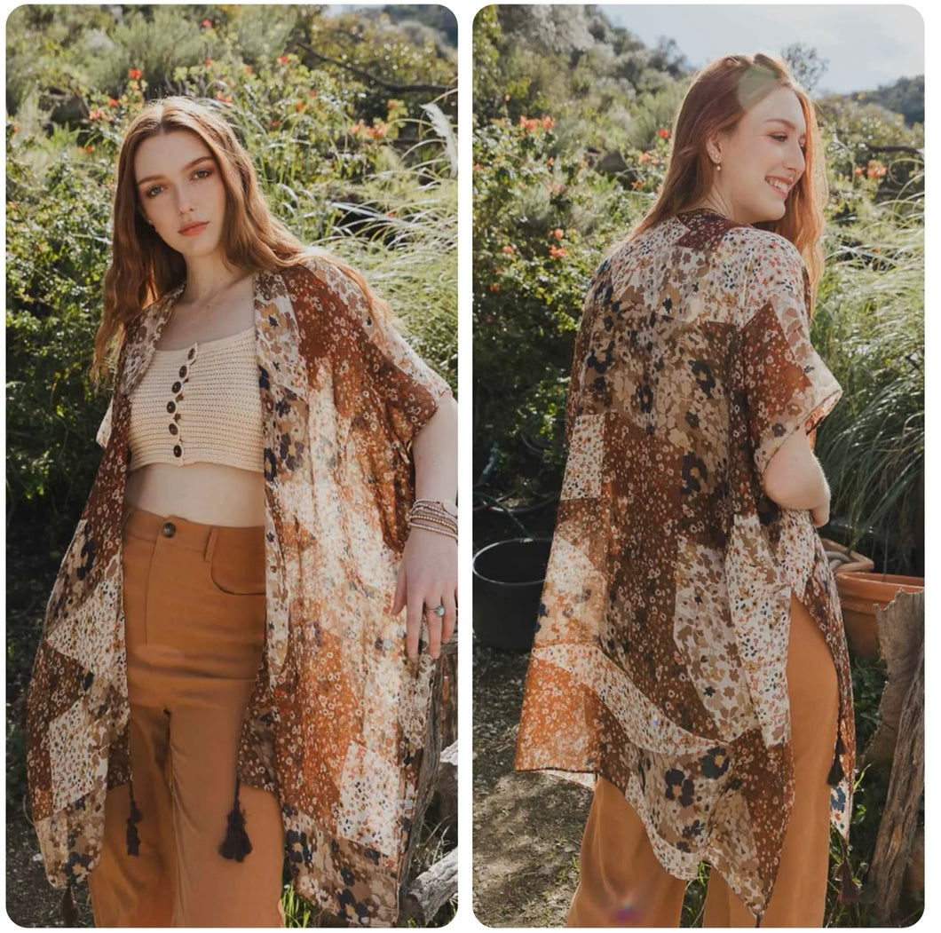 Mocha & black fall floral kimono with tassels