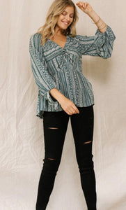 Hunter Green & Cream floral long sleeve top