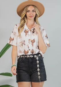 Horse & saddle floral short sleeve button up