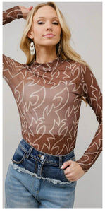 Brown & cream boot stitch mesh long sleeve top
