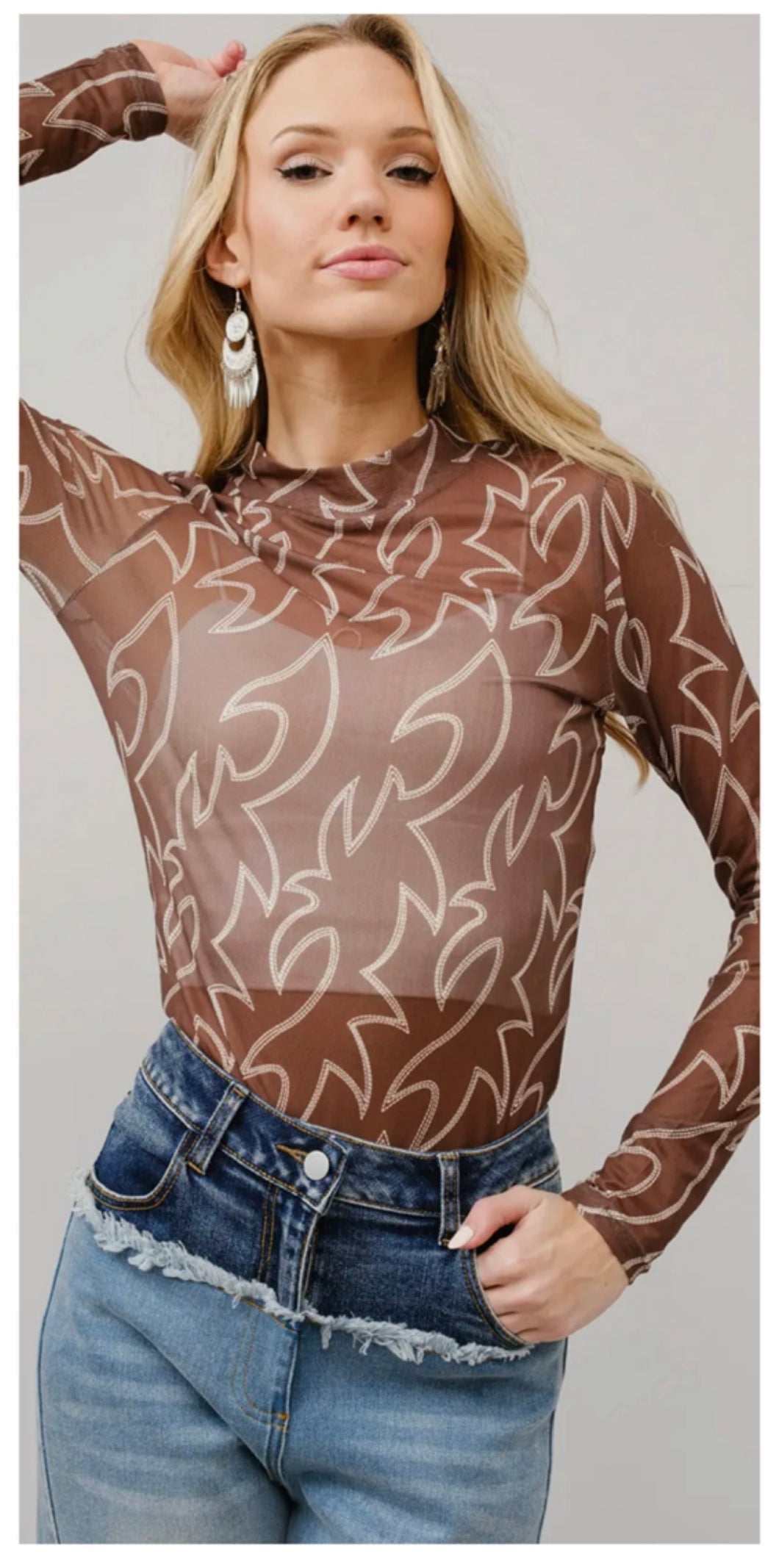 Brown & cream boot stitch mesh long sleeve top